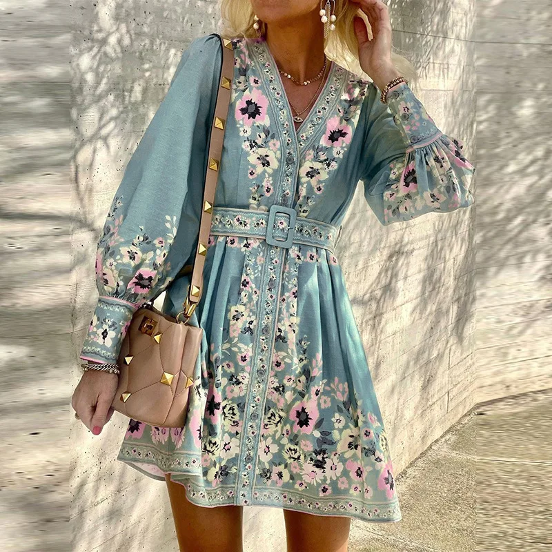 FD949 2023 Autumn New Women's Long Sleeve V-Neck Loose Printed Bohemian Dress