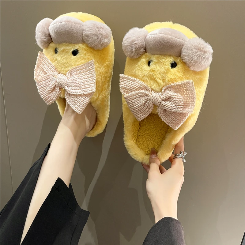 Butterfly-Knot Female Shoes House Slippers Platform Fur Flip Flops Med Slides 2022 Plush Flat Soft Massage Fabric Basic Butterfl