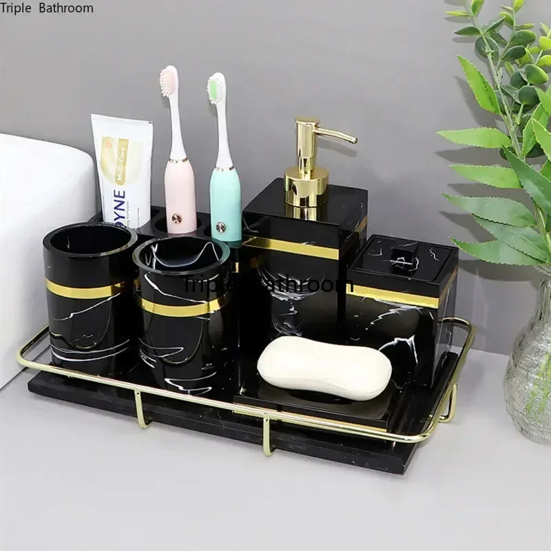 1pc Light Luxury Bathroom Toiletry Resin Household Soap Dish Toothbrush Holder Mouth Cup Liquid Soap Dispenser Washing Tools