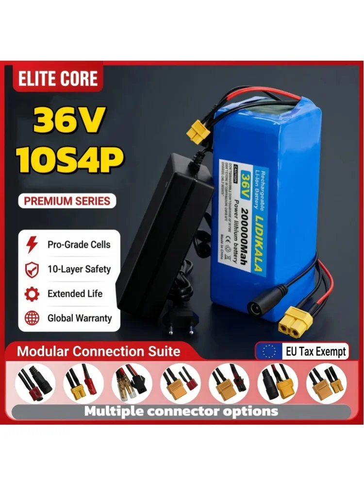 36V 10S4P 100Ah 18650 Hochleistungs-Lithium-Akku 500W, wird mit 42V 2A Ladegerät für E-Bike, Roller, kleines Elektroauto geliefert