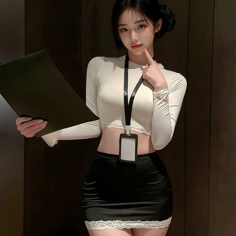 طويلة الأكمام الدانتيل البنطال القصير التفاف الورك تنورة قصيرة لعب الأدوار سكرتيرة موحدة إغراء مثير الملابس الداخلية الكبار تأثيري ازياء