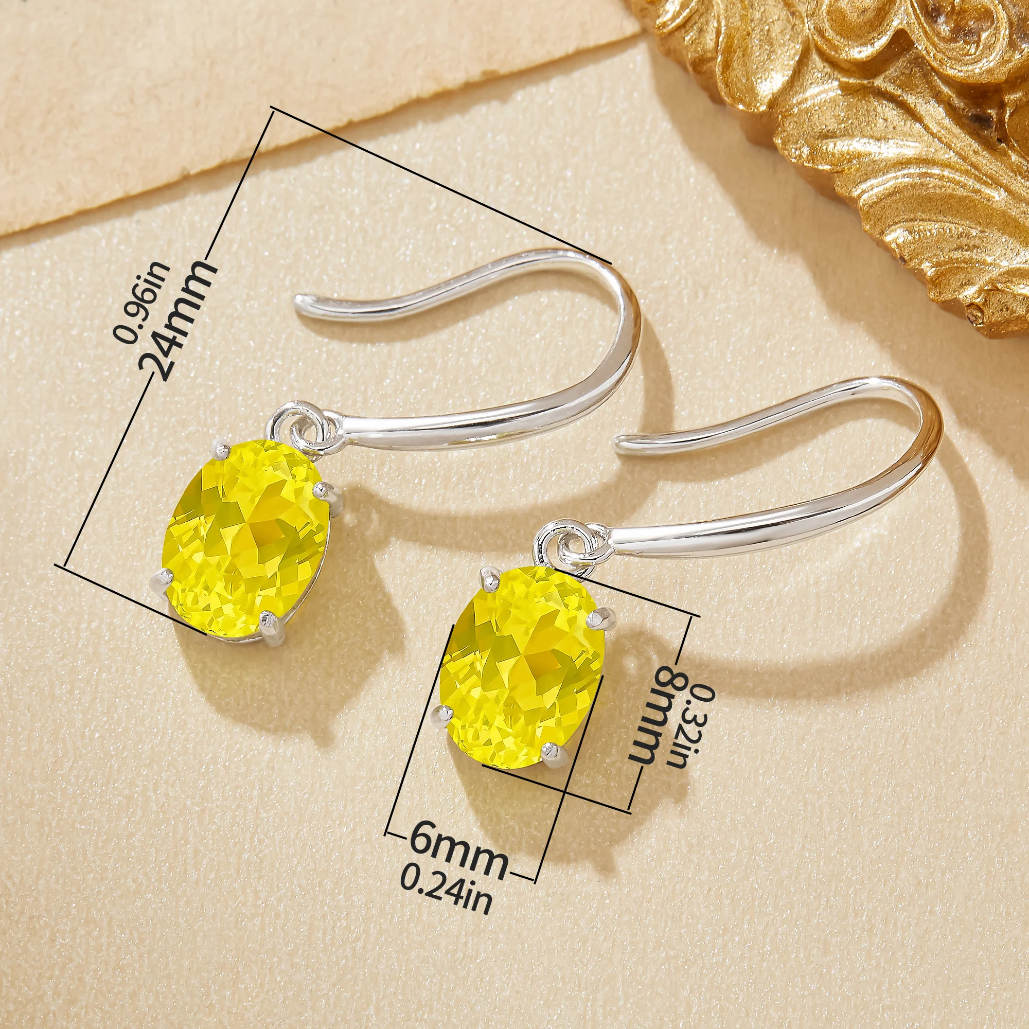 6x8mm Oval Day Glow Neon Yellow Fluorescent Hook Earrings Lumogarnet Solid 925 Sterling Silver Earrings Lab Created Gems 6320042