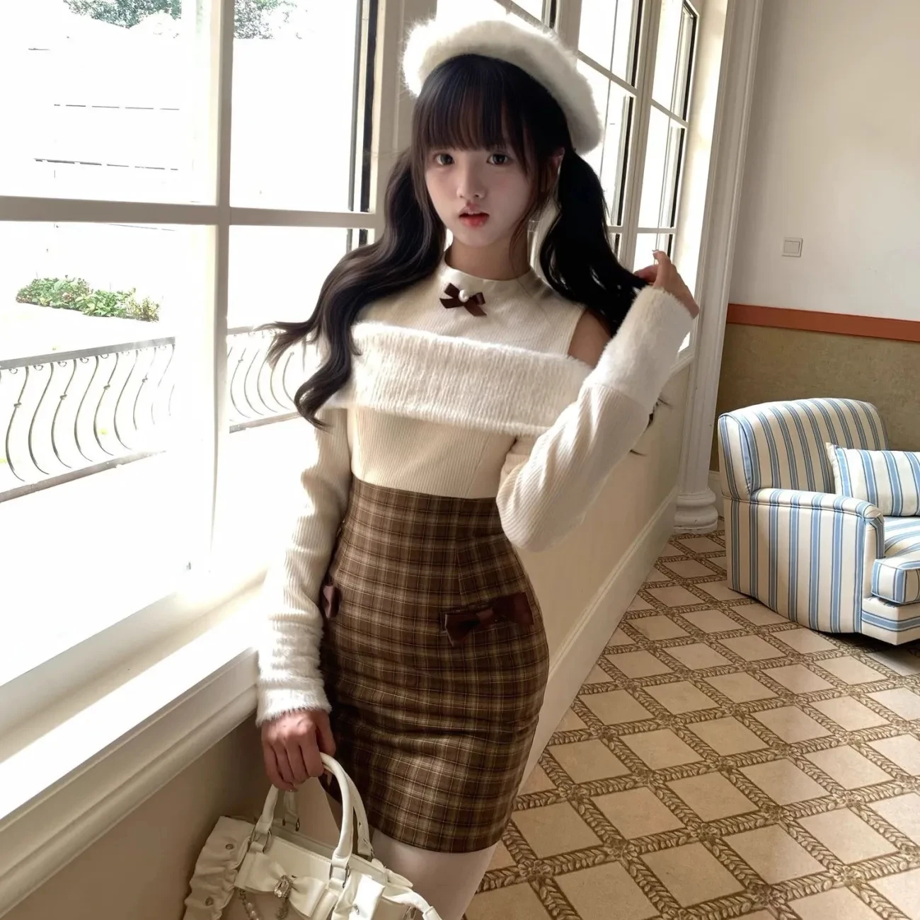 Vestido japonés elegante de Lolita para mujer, vestido Kawaii con lazo y hombros descubiertos, vestidos a cuadros de retales de manga larga, vestido de princesa de fiesta Y2k