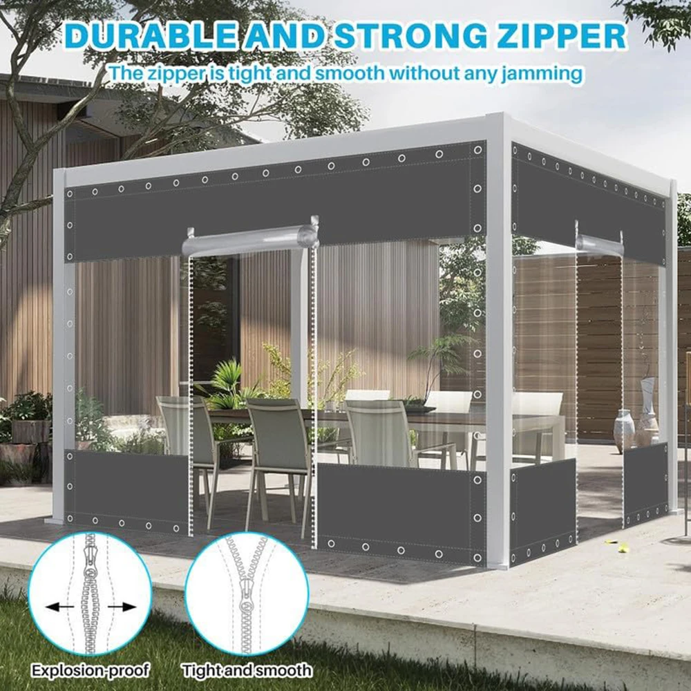 Cortinas de vinilo transparente con entrada con cremallera, lona impermeable resistente de 650 g/m2, paneles resistentes a la intemperie para porche, pérgola y cenador