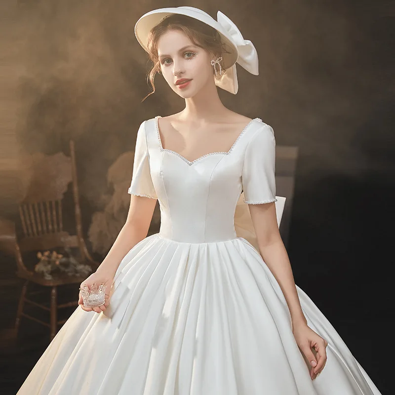  Sleeved  Simple Wedding Dress Scalloped With Pearls Stain Elegant Main Yarn Princess Ball Gowns Vestido De Noiva   Customized