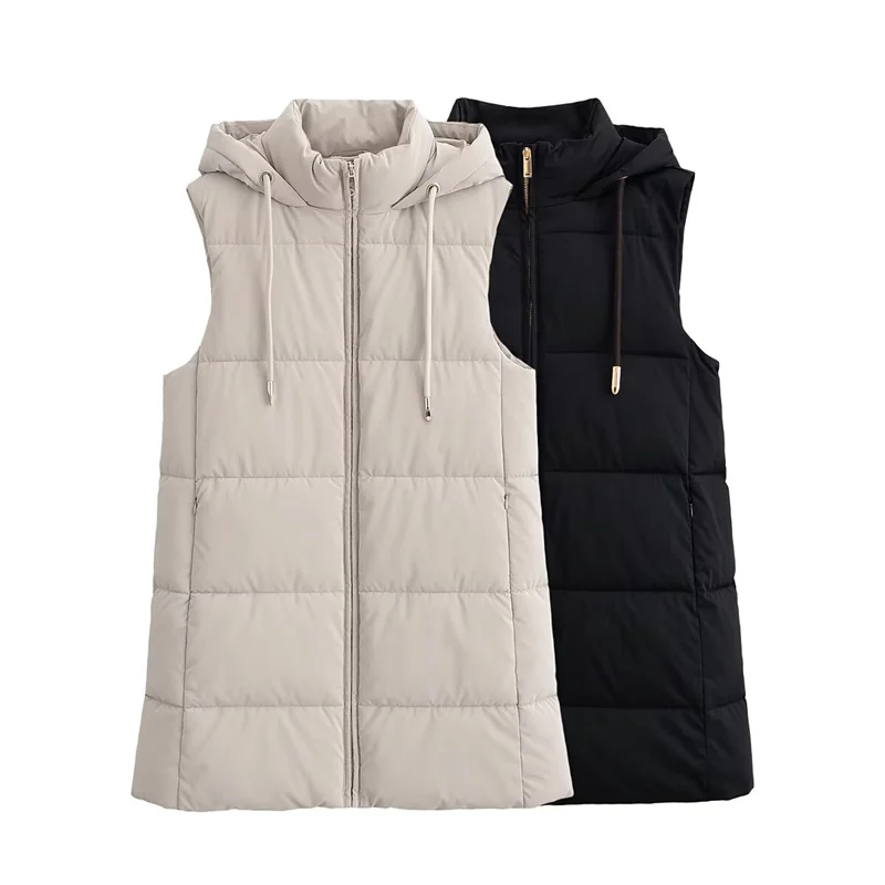 

Women's Jacket 2025 Winter New Solid Color Sleeveless Quilted Simple Long Hooded Cotton Coat Casual Fashion Warm and Versatile