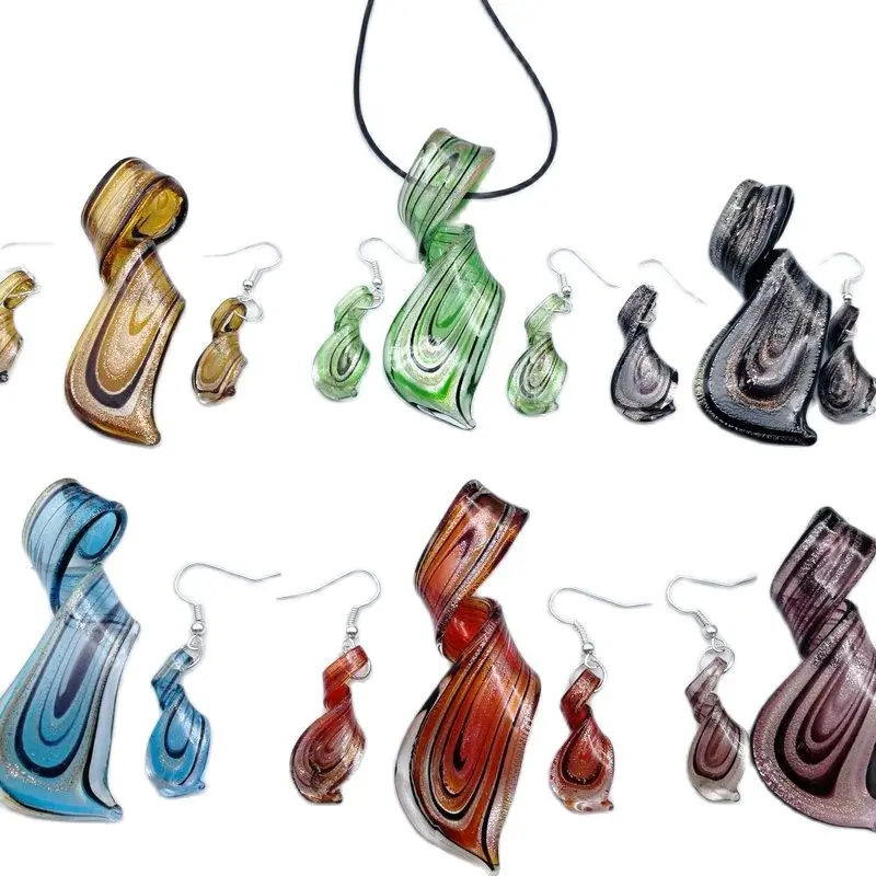 6 Sets Spiral Mix Colors Murano Lampwork Glass Pendant Necklace Earring Jewelry Set Chinese Style Retro Handmade Personality