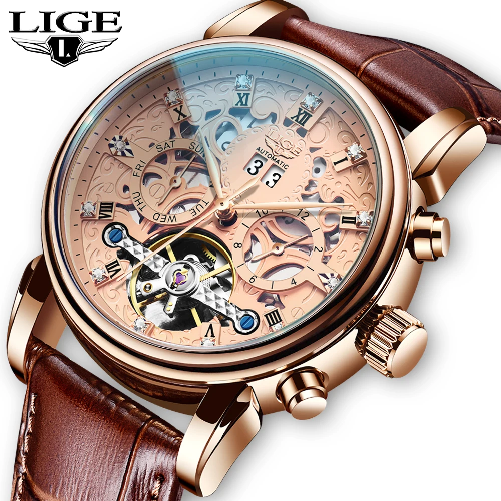 LIGE-Montre mécanique en cuir étanche pour homme, montre-bracelet, date automatique, marque supérieure, créative, luxe, affaires, 2024