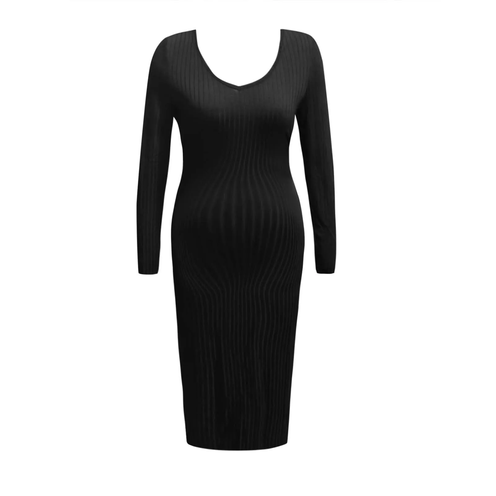 Elegant Maternity Slim Dress Autumn Long Sleeve V Neck Knitted Stretchable Sweater Dresses Pregnancy Bodycon Solid Color Clothes