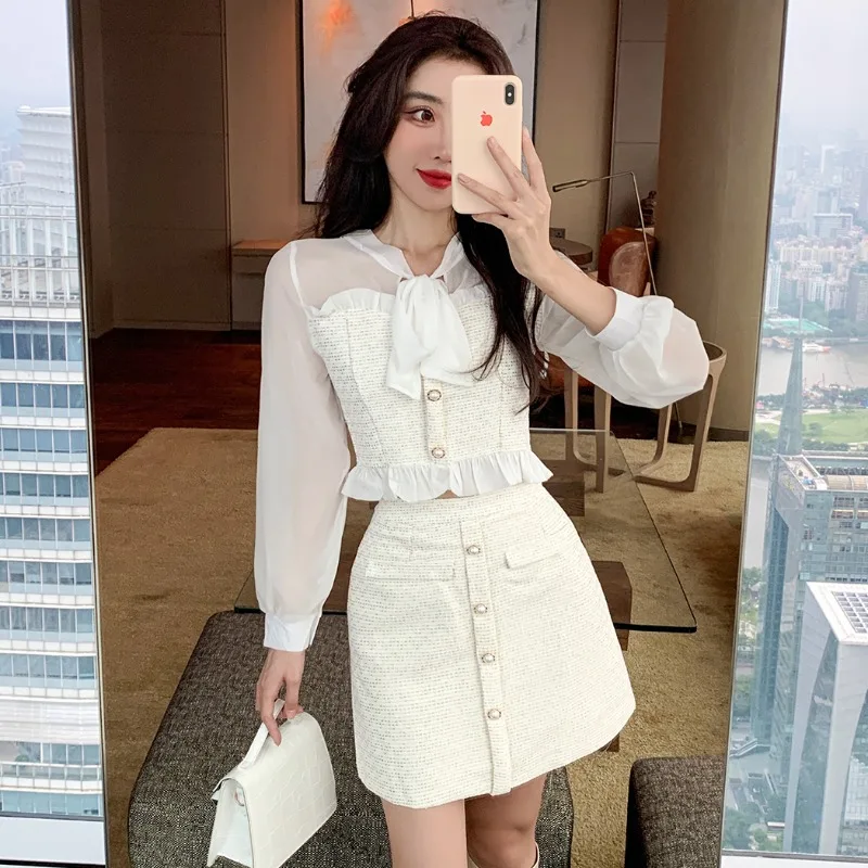 Runway Spring Kawaii 2 Piece Set Women Korean Fashion Patchwork Party Mini Skirt Suit Female Long Sleeve Bow Designer Skirt Sets