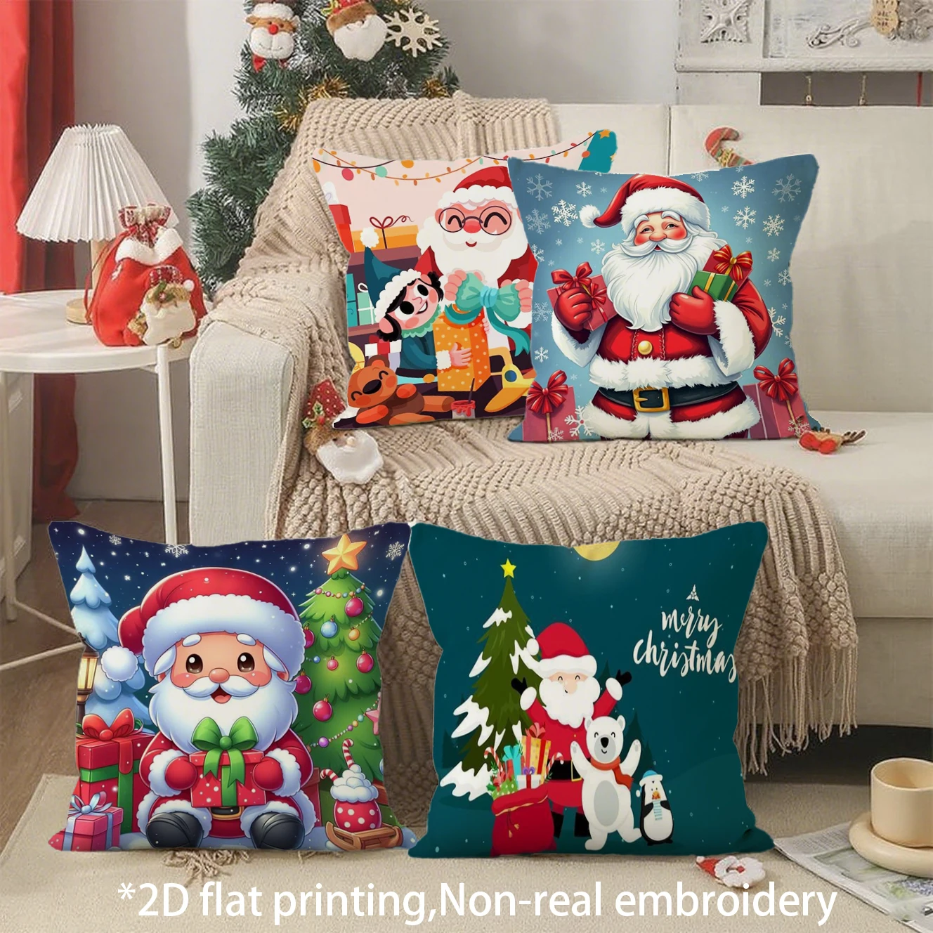 Christmas Santa Throw Pillow Covers Pattern Cushion Cover Suitable for Sofa Bedroom Car Pillow Cover