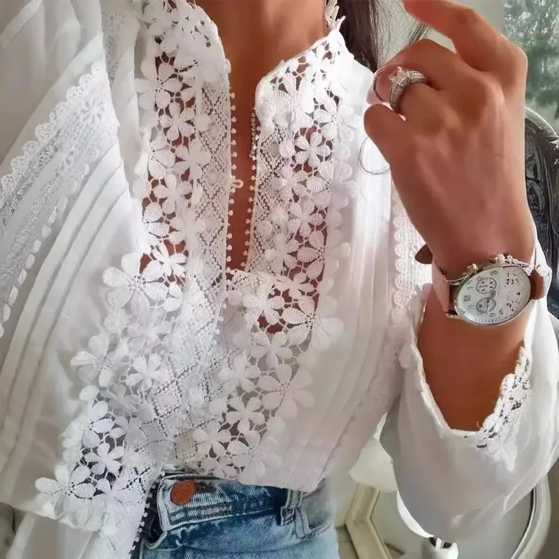 Design Independence 2024 Spring Summer New Women's Clothing Solid Color Fashion Lace Floral Stitching Single-Breasted Long Sleev