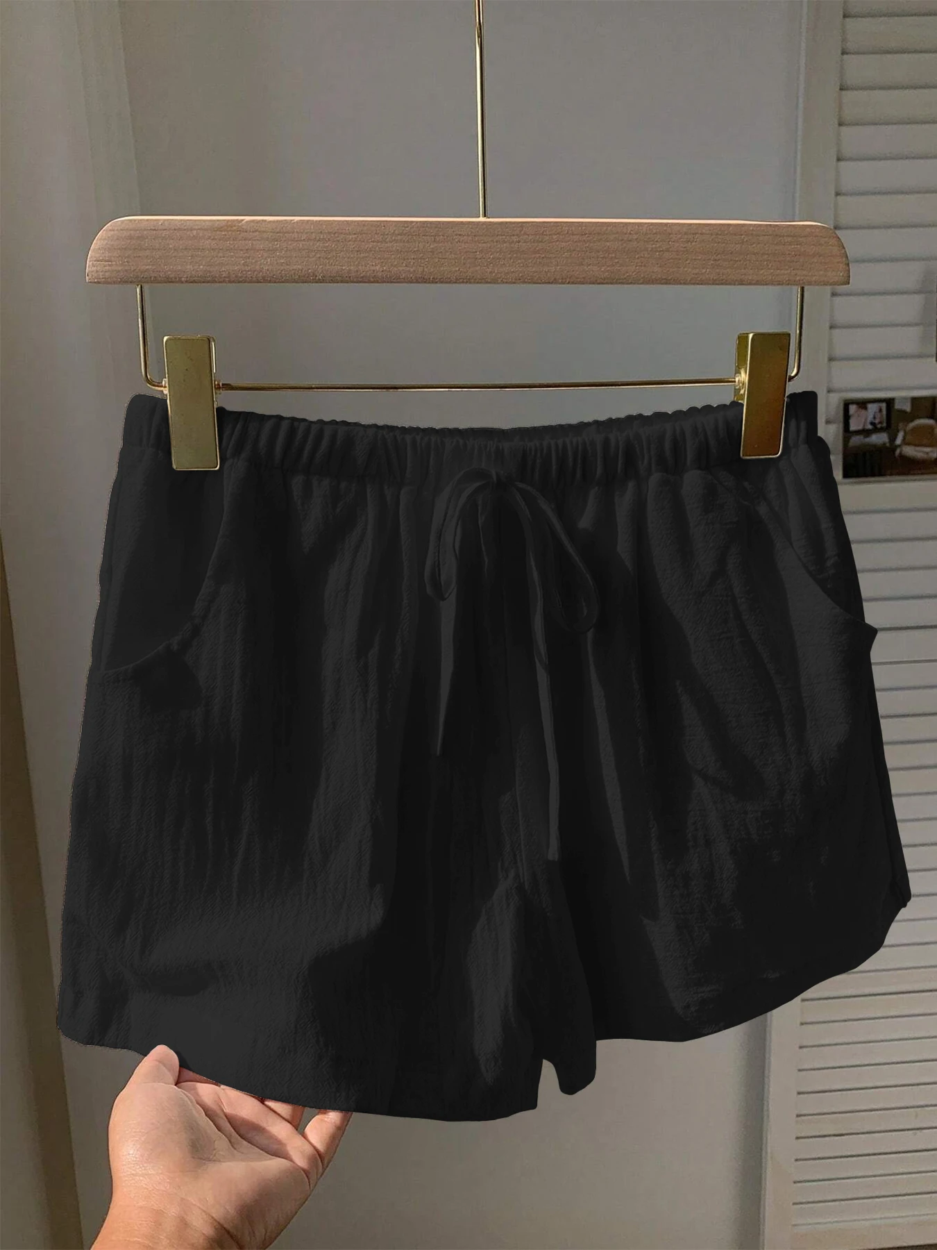 Damen Neue Frühling-Sommer Leinen Einfarbige Lässige Sport-Shorts mit Elastischem Bund und Kordelzug – Detail 4
