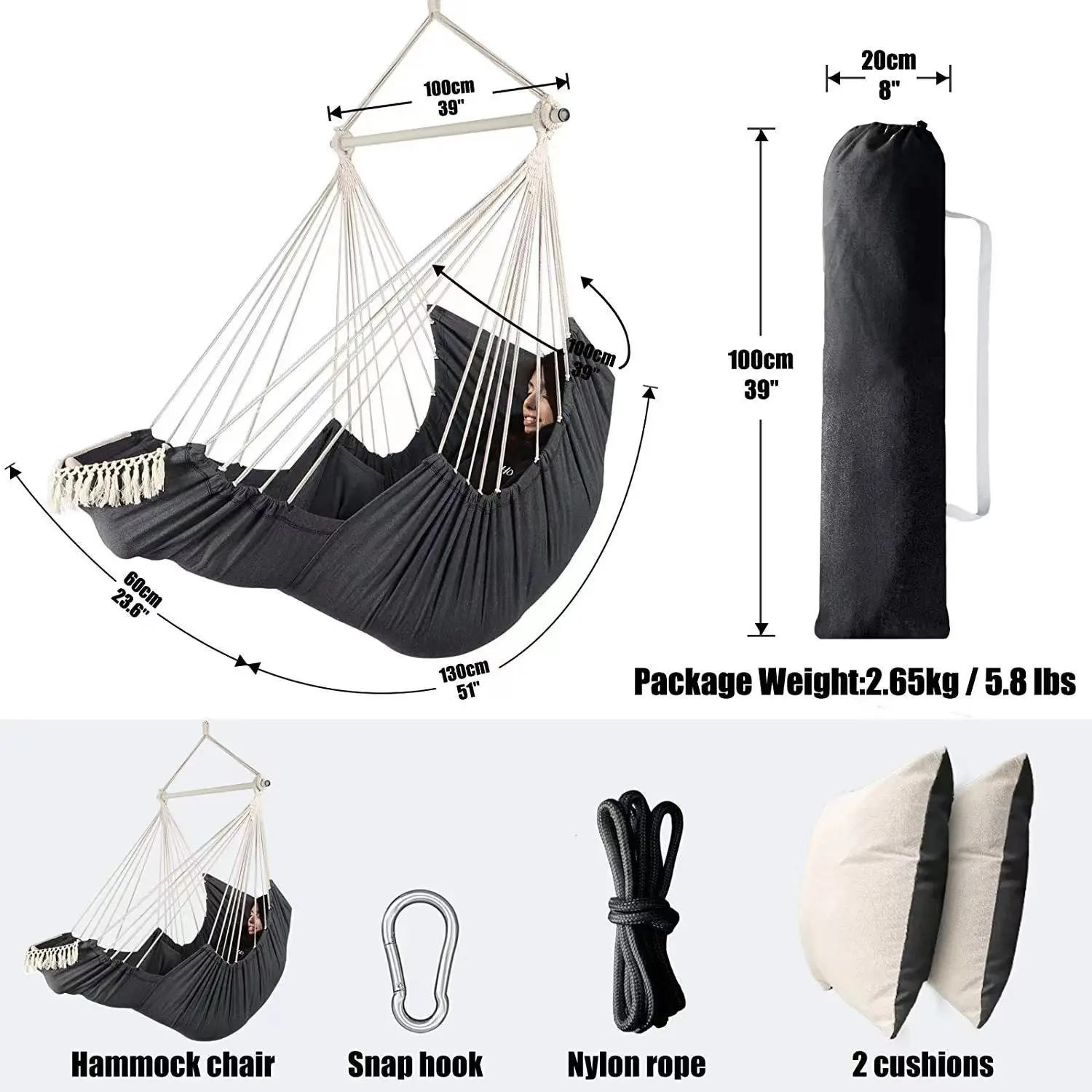 Imagem -06 - Algodão Canvas Hammock Cadeira Spreader Bar Max 500 Lbs Pátio Interior e Exterior Jardim Quintal