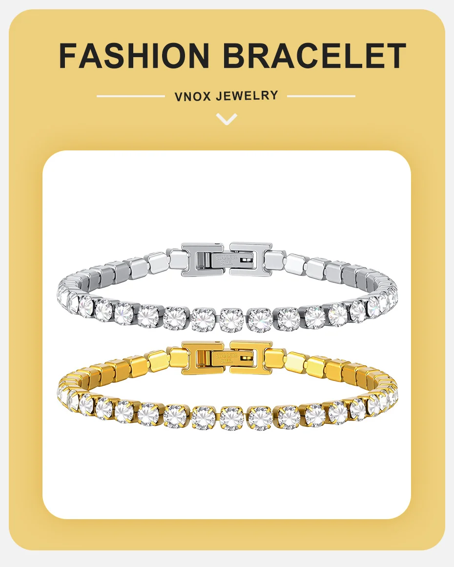 Vnox 4 mm breite weiße Zirkon-Tennisketten-Armbänder für Damen, 17/20/23 cm, silberfarben, goldfarben, Edelstahl-Armband, Schmuck, Geschenk – Detail 1
