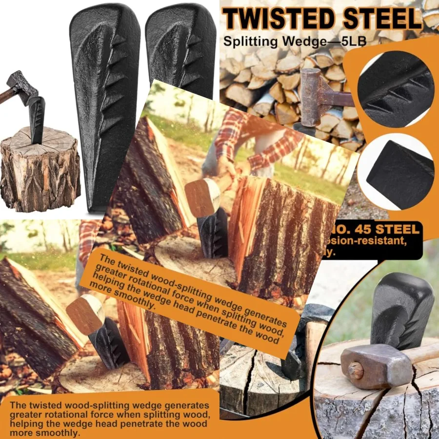 

Outdoor firewood splitting: forged steel twisted log splitter wedges black sharpened edge for easy wood splitting