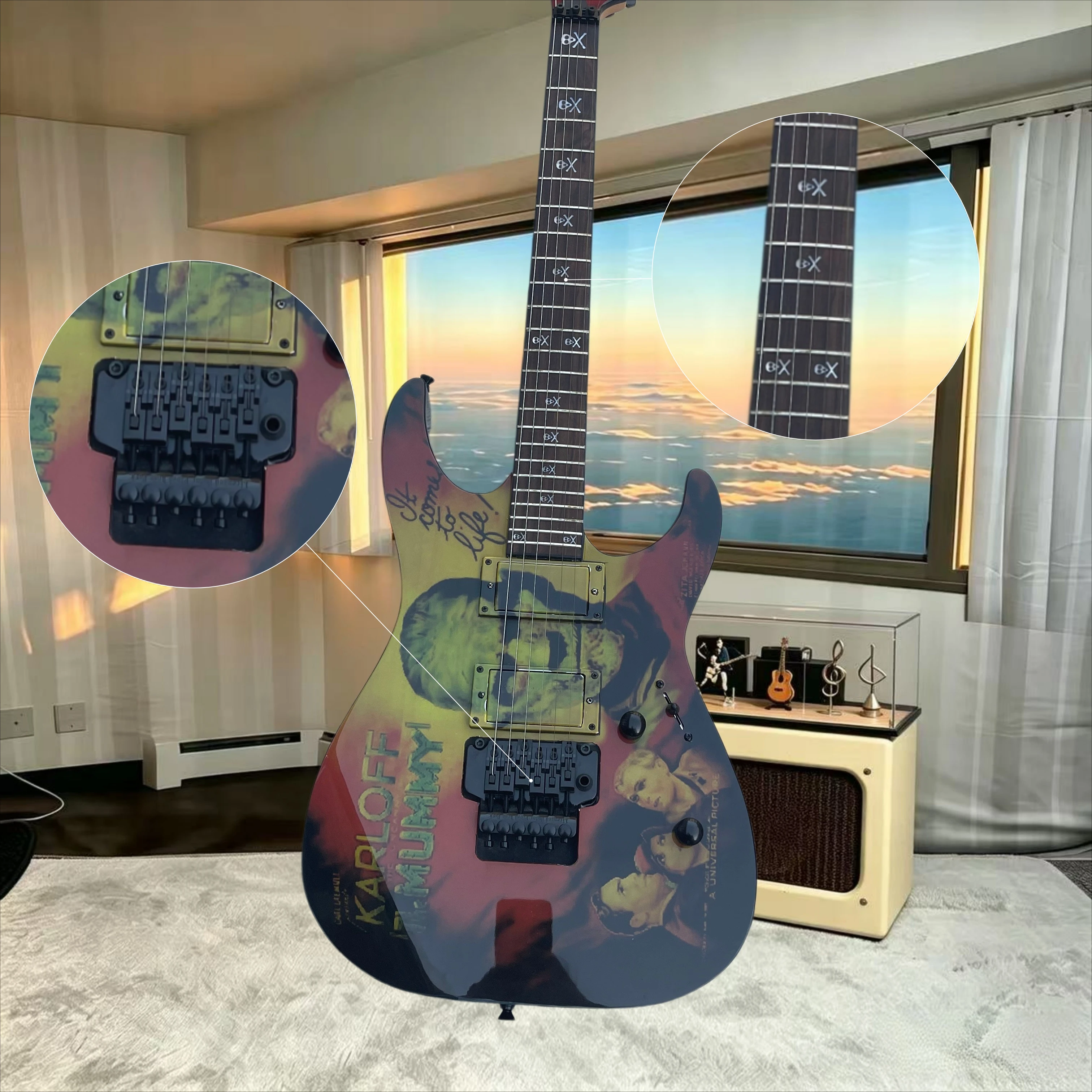 Vintage Horror Movie Graphic STP Electric Guitar HH Humbuckers Cross Inlay Fretboard Black Hardware Double Tremolo Metal