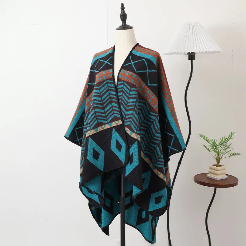 Autumn winter Poncho new warm European and American shawl woven geometric slit cape travel photography outfit cloak P2
