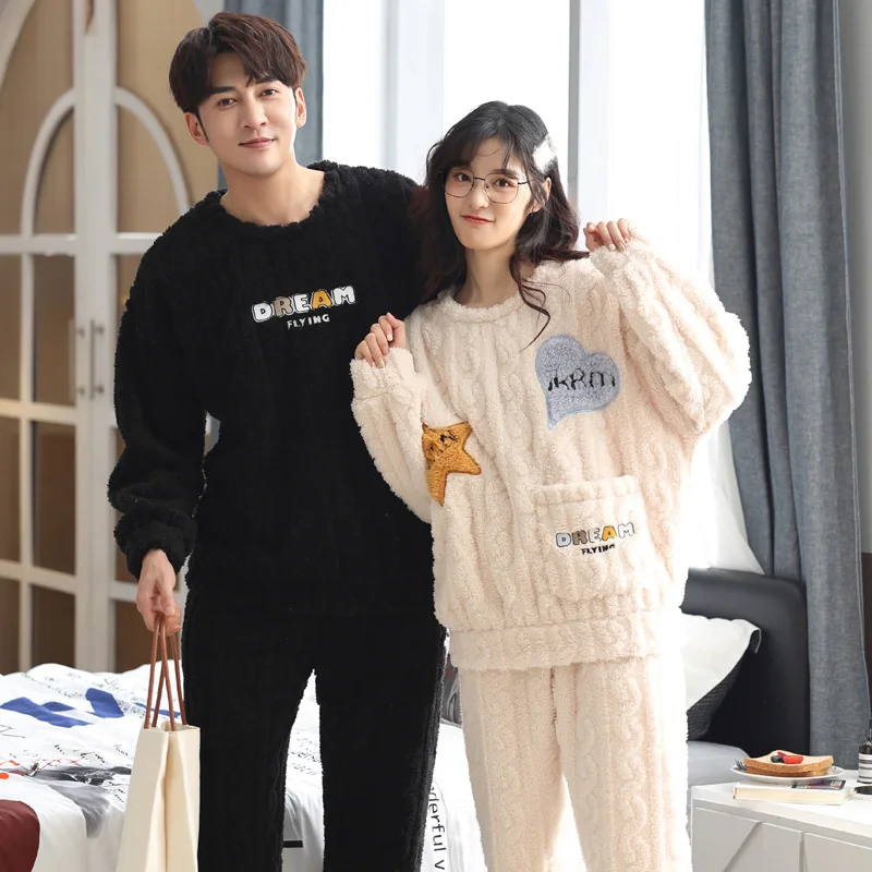 

High Quality Winter Couple Pajama Set Women Men Warm Sleepwear Thick Flannel Pyjamas