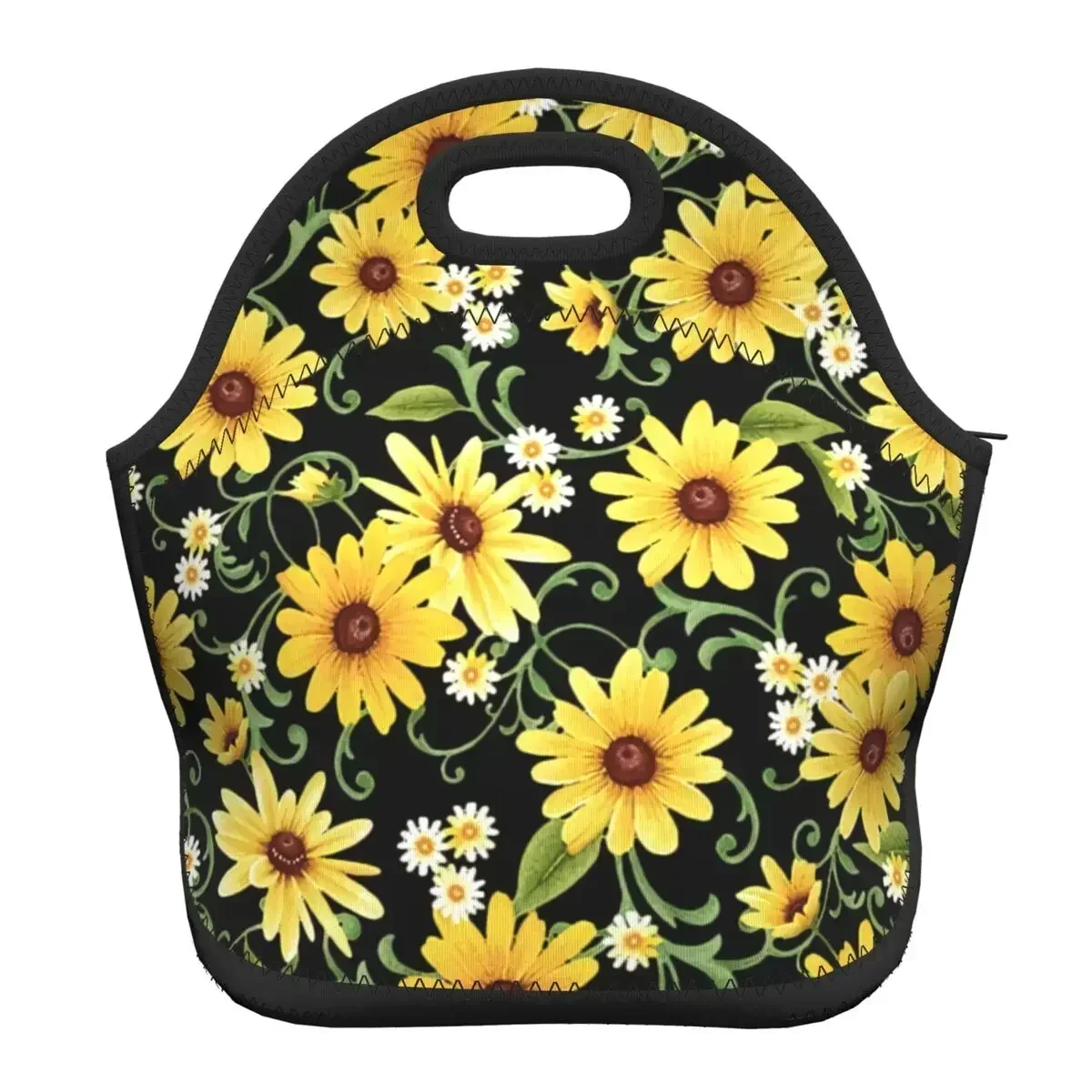 Neoprene Sunflower And Daisy Thermal Insulated Lunch Bags Women Floral Flowers Portable Lunch Container for Work Travel Food Box