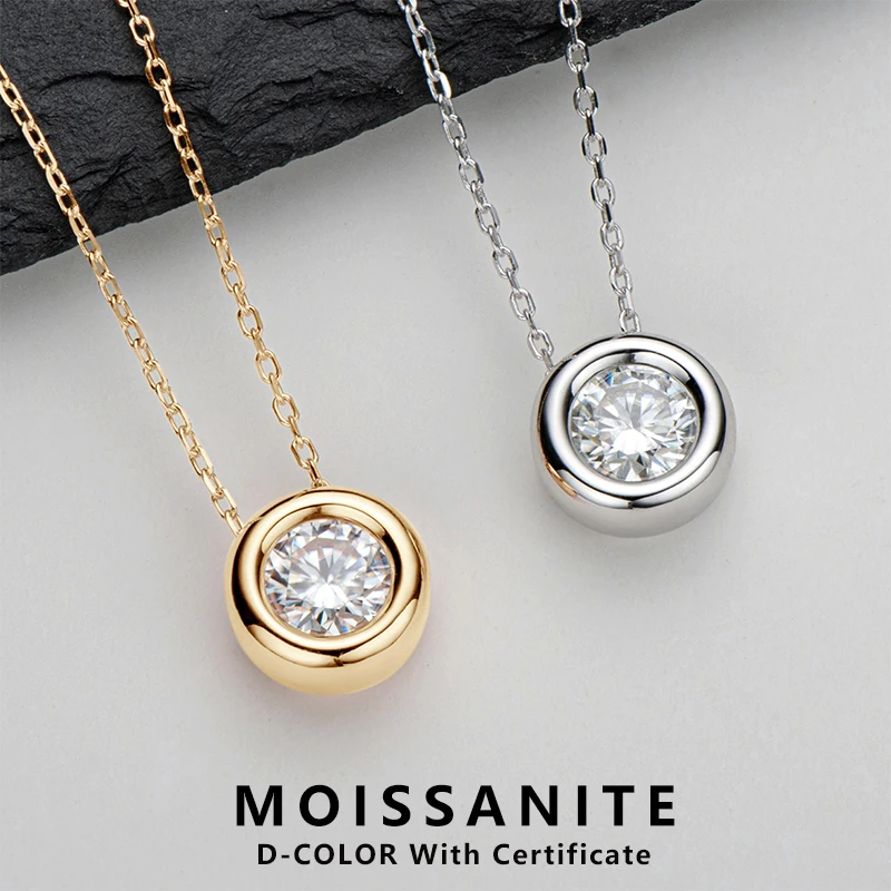 

Lnngy 6.5mm Round Bezel Moissanite Pendant Necklace For Women 925 Sterling Silver Clavicle Chain Necklaces Jewelry Collare Mujer