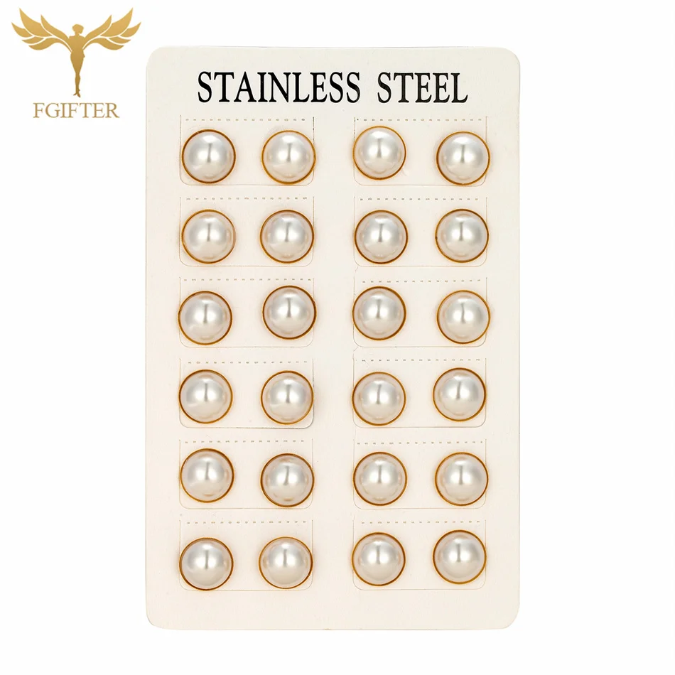 12 Pairs Pack Golden Stainless Steel Stud Earings for Women 5-10mm Half Artificial Pearl Earrings Set piercing acier inoxydable