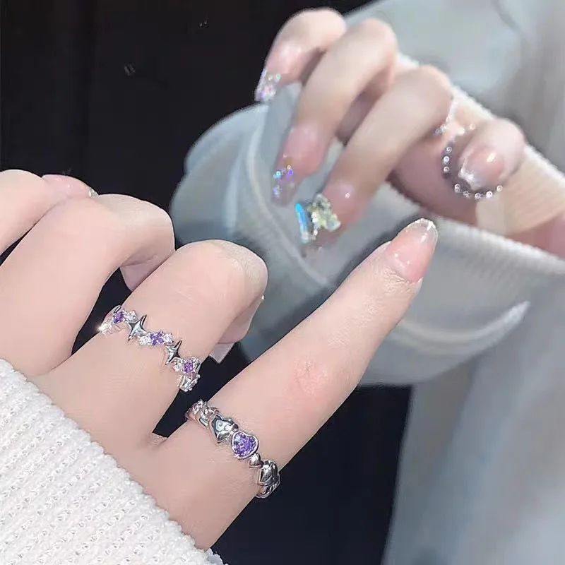 

Y2K Style Sparkling Pink Zircon Bride Rings for Women Couples Trendy Heart Star Geometric Wedding Party Jewelry
