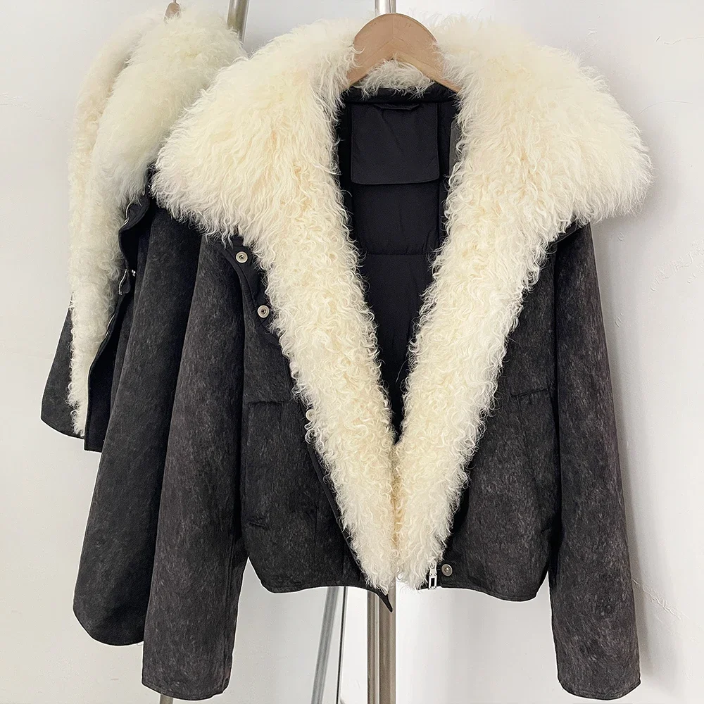 OFTBUY Winter Dicker Kurzer Puffermantel Modische Reißverschluss-Daunenjacke mit Echtem Fell Damen Echter Lammfellkragen Entendaunen-Bekleidung – Detail 9