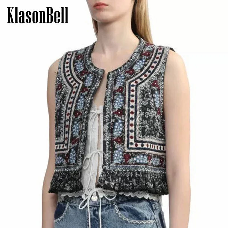 

7.2 KlasonBell Women Vintage Hand Beading Embroidery Jacquard Hem Hollow Out Lace Tank Top O-Neck Casual All-matches Short Vest