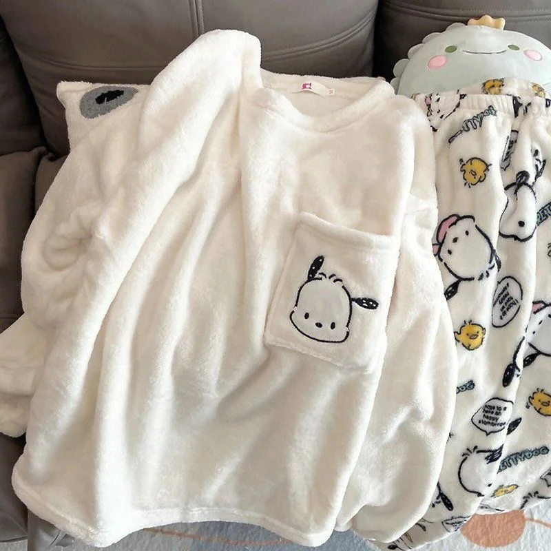 Pochacco Autumn and Winter Coral Plush Pajamas Women\'s Cartoon Plush Thickened Cute New Student Home Fur Two Piece Set