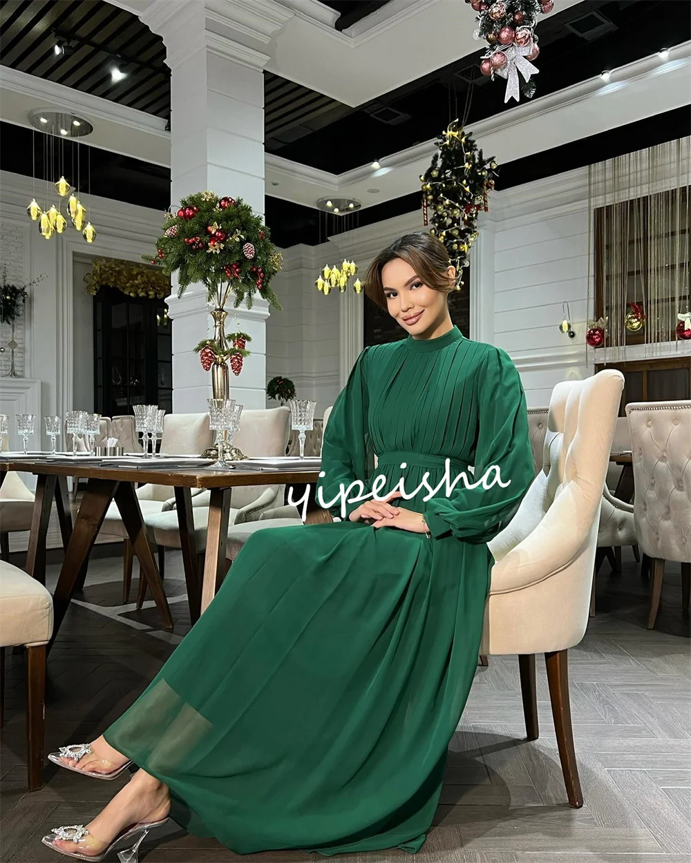 Gaun Prom, Fashion sifon Pleat A-line kerah tinggi gaun Midi Gaun Prom Formal cocok sederhana gaya Modern Unisex Pastrol klasik