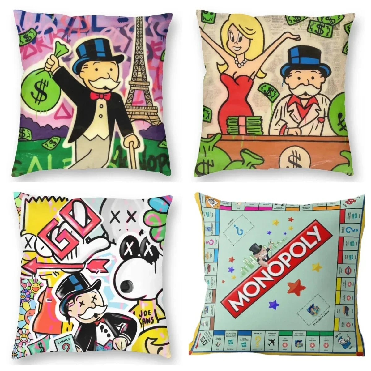 4 Pcs - 45cm 18Inch - By The Hype Generation Monopoly Square Pillowcase Polyester Zip Decor Throw Pillow Case Bed Cushion Case