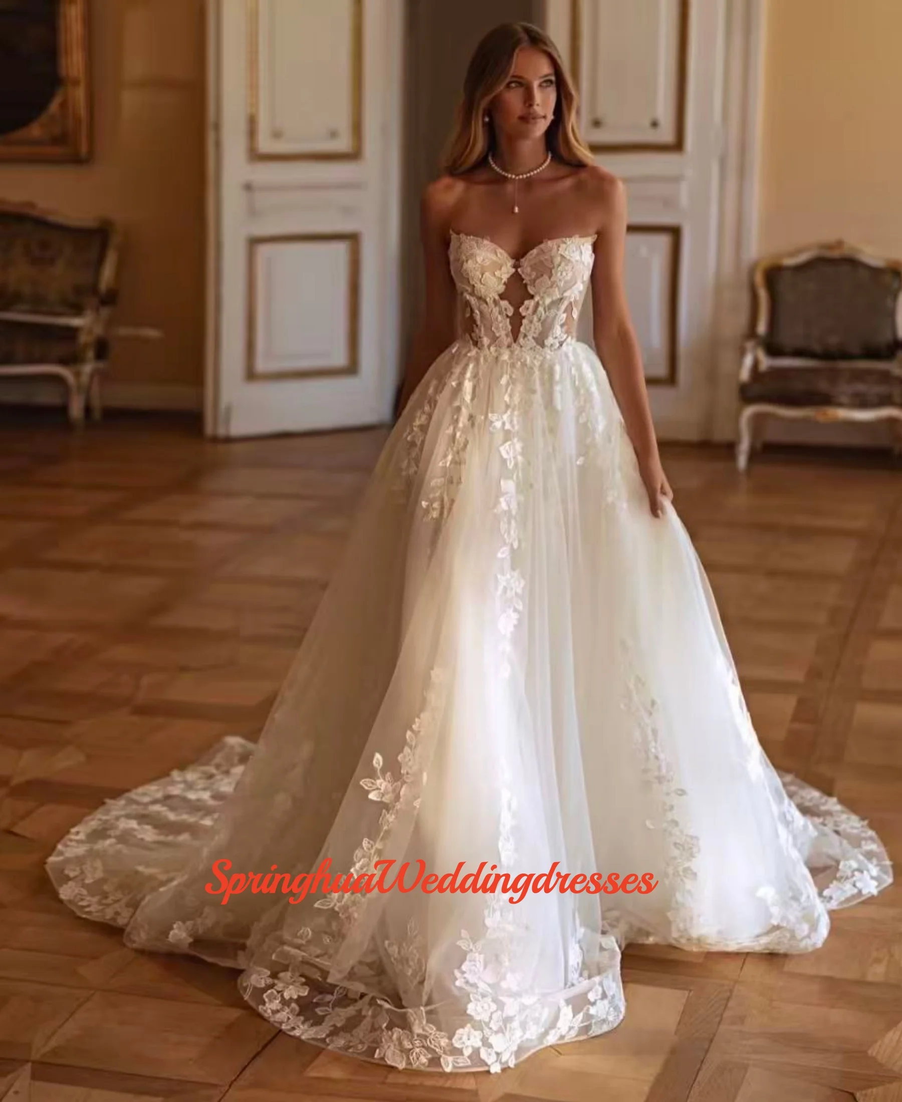 Customzied Classic Sweetheart Wedding Dresses Woman Bride A Line Sleeveless Lace Appliques Zipper Vestidos De Novia