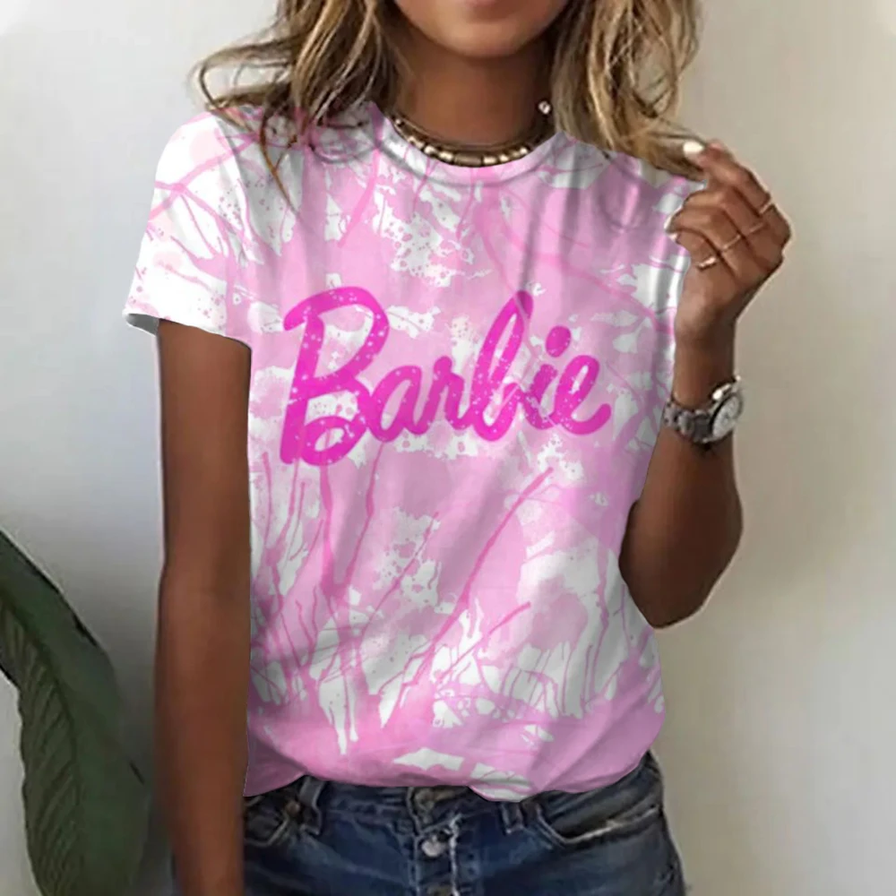 T-Shirt à Col Rond pour Femme et Fille, Vêtement Décontracté et Respirant, avec Motif de Dessin Animé, Kawaii, Barbie, Y2K, pour Été