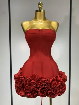 Women Sexy Strapless Backless Flower Embellished Mini Bandage Dress Bodycon Celebrity Party Cocktail Evening Party Club Dresses