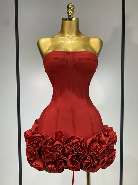 Women Sexy Strapless Backless Flower Embellished Mini Bandage Dress Bodycon Celebrity Party Cocktail Evening Party Club Dresses