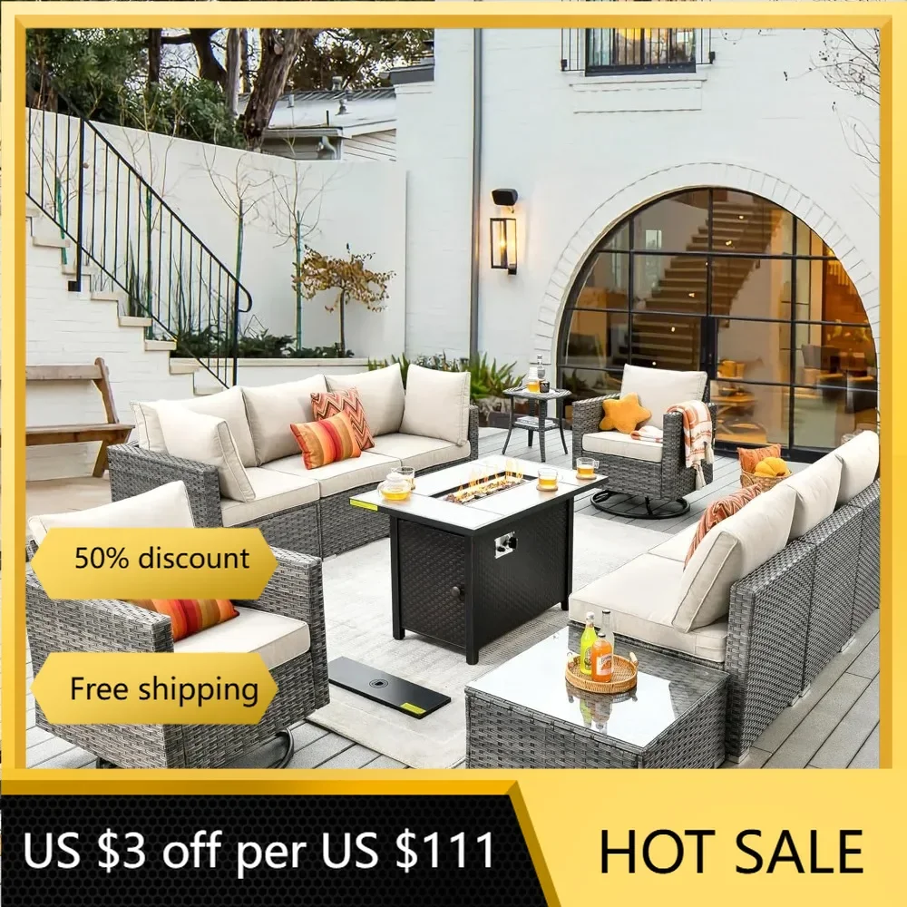 

Patio Furniture Set, Rattan Wicker Sectional Glide Rocker Chairs Sets with Fire Pit, Swivel Glider Chairs, and Coffee Table