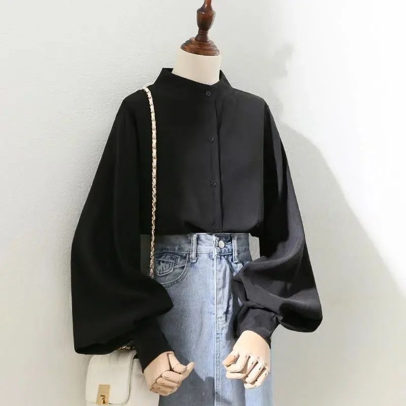 Fashion Lantern Sleeve Blouse Women Single Breasted Stand Collar Shirts Office Ladies Work Solid Vintage Black Outwear Tops