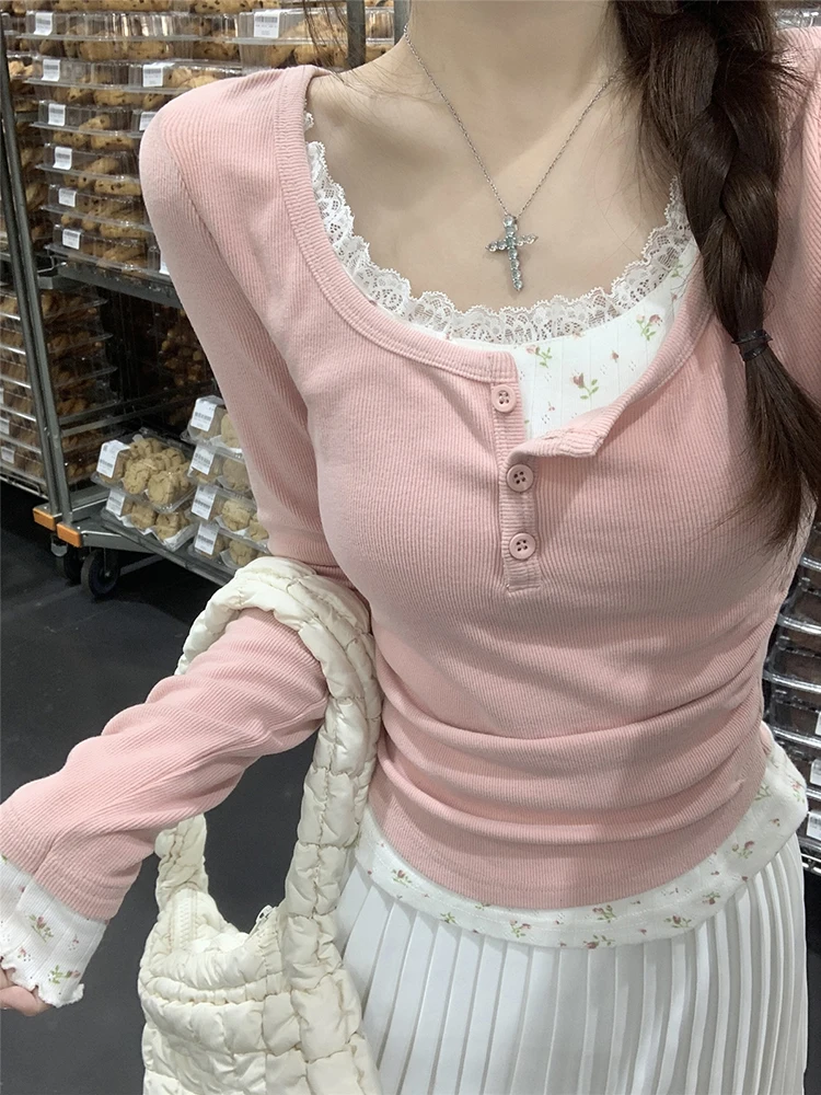 Solid Lace Patchwork Long Sleeve T-shirt Women False Two-piece Slim Long Sleeve Tops 2025 Autumn Women's Top