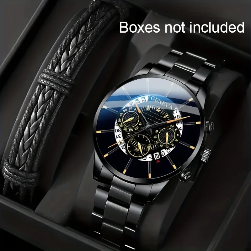 2pcs/set Men's Business Sports Quartz Watch Cool Fashion Date Dial Analog Wrist Watch & Bracelet, Gift For Him