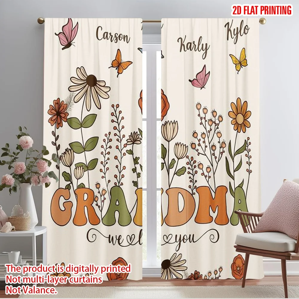 2pcs,2D plane printing Minimalist Curtains Grandma Love Art Versatile Polyester (without rod) Home Decor Ldeal for Bedroom