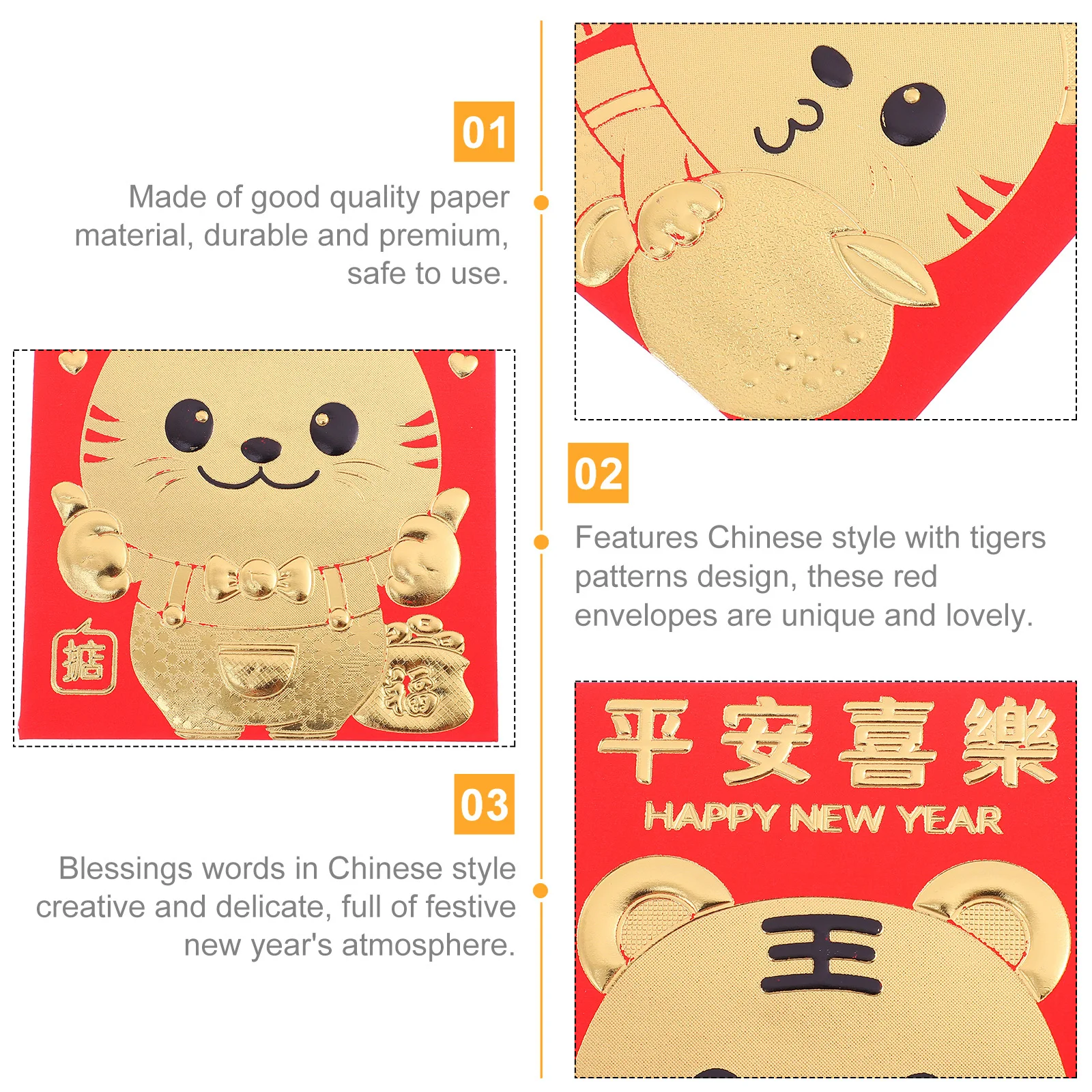 

60Pcs Tiger Year Red Envelope Chinese Style New Year Red Envelopes with Blessings Creative Gift Money Packet for Family