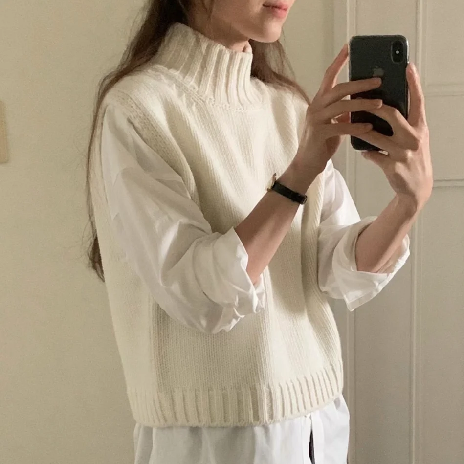 

Ounce2025 Осенний шерстяной свободный вязаный жилет с высоким воротником, универсальная основа, однотонный жилет для поездок на работу, Ne