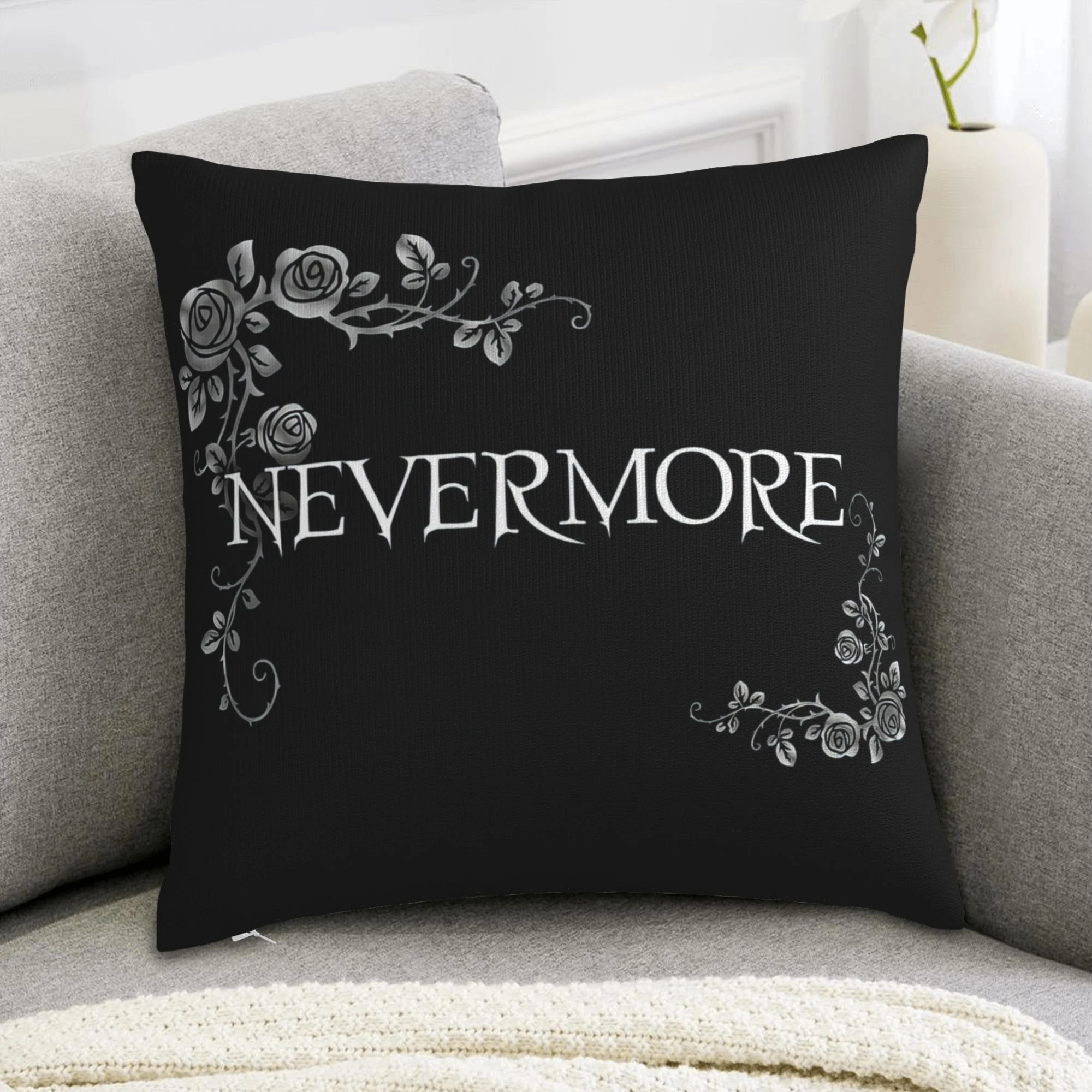 1pc Edgar Allan Poe Nevermore Pillow Cover, Polyester 2D Double Sided Print Cushion Case, Gothic Silver Rose Throw Pillowcase, D
