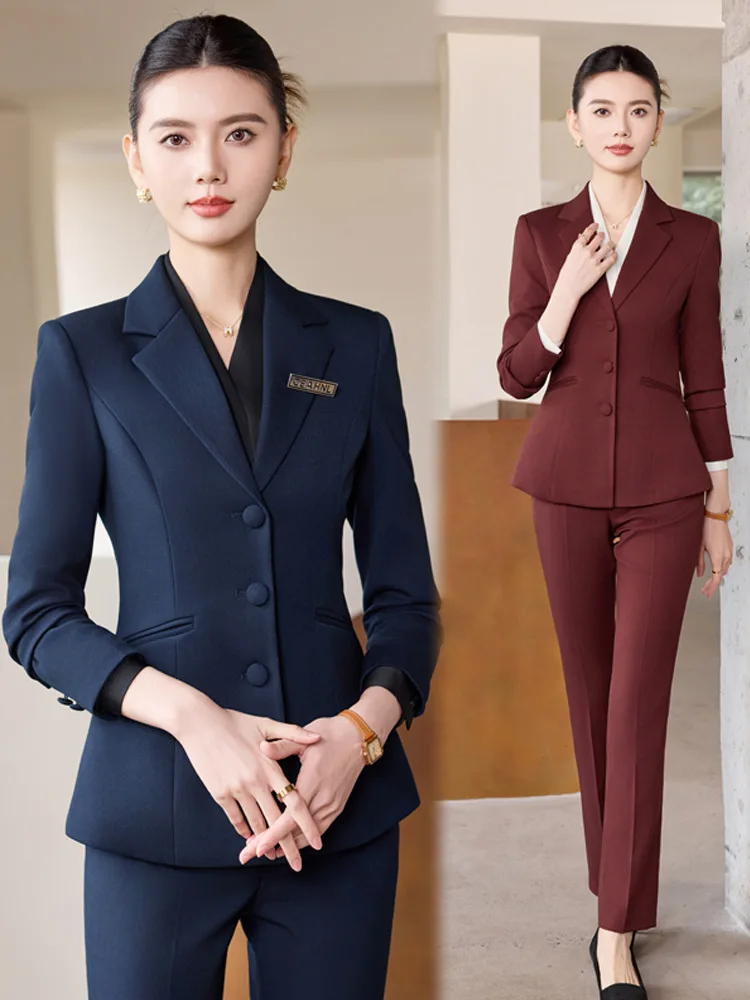 

High-end dark blue women's suit, new autumn and winter professional attire for hotel managers and civil servants, elegant workwe