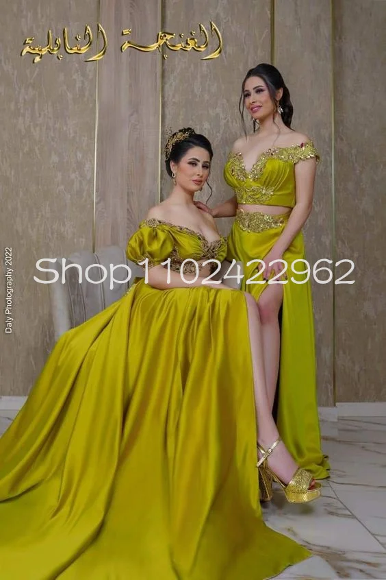 Olive Green Two Pieces Tunisian Traditional Prom Dresses Puffy Off Shoulder Stain Crystal Lace High Slit Evening Gown