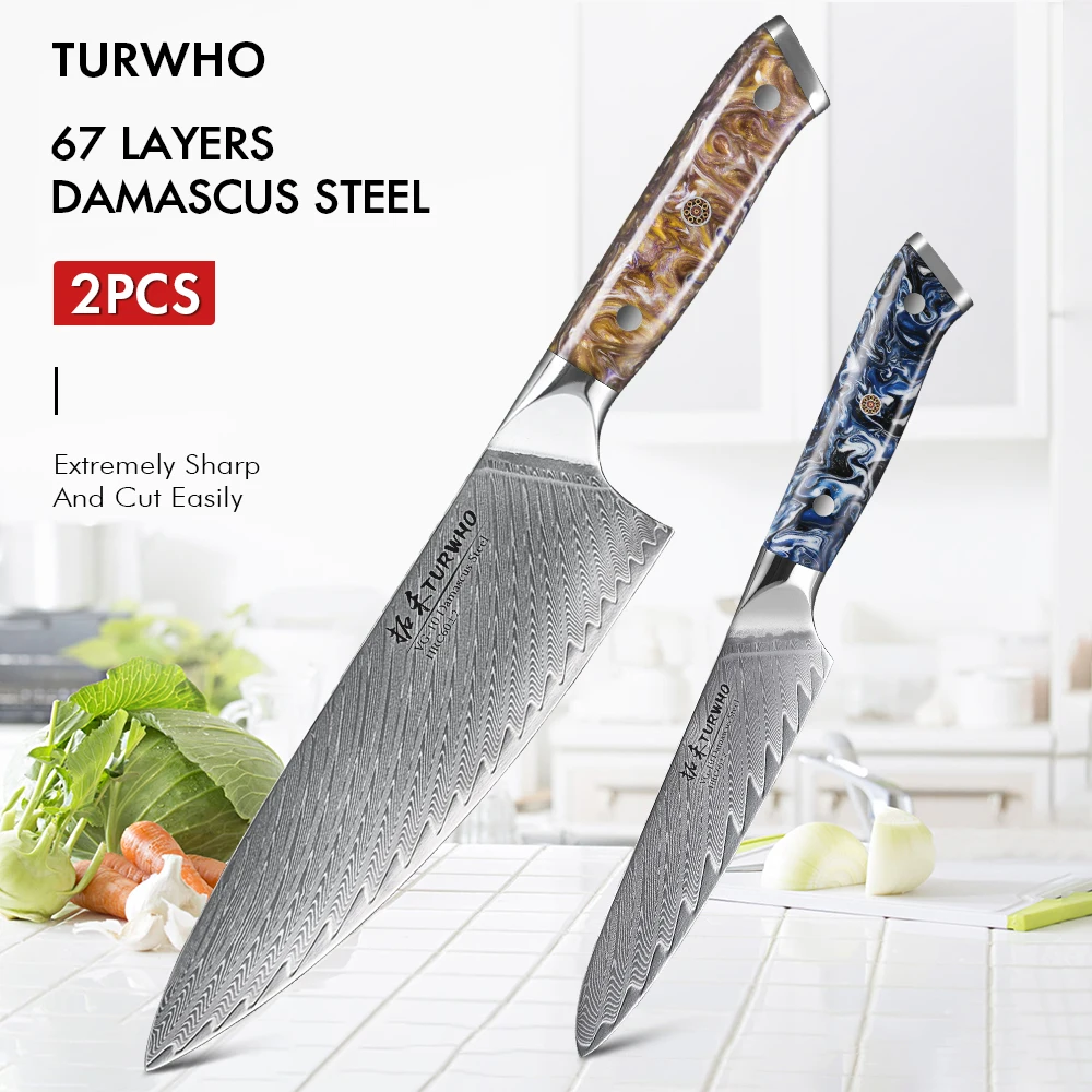 

TURWHO 2PCS Kitchen Knives Set High Quality Resin Handle Damascus Steel Chef Knife Sharp Cleaver Utility Knife Pro Cooking Tools