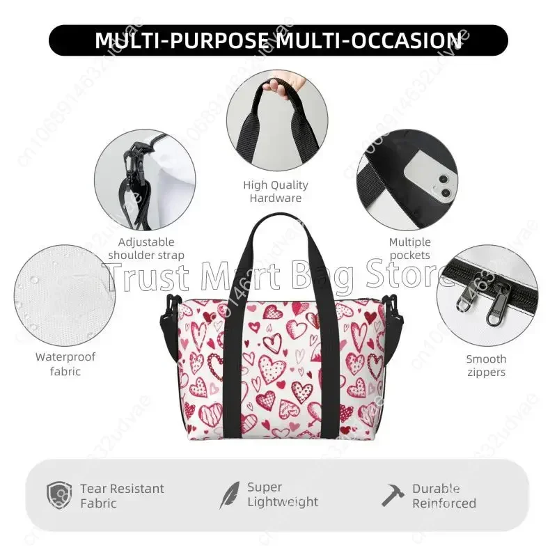 Red Love Hearts Pattern Travel Duffel Bag for Women Workout Weekender Overnight Bags Large Capacity Waterproof Luggage Handbag