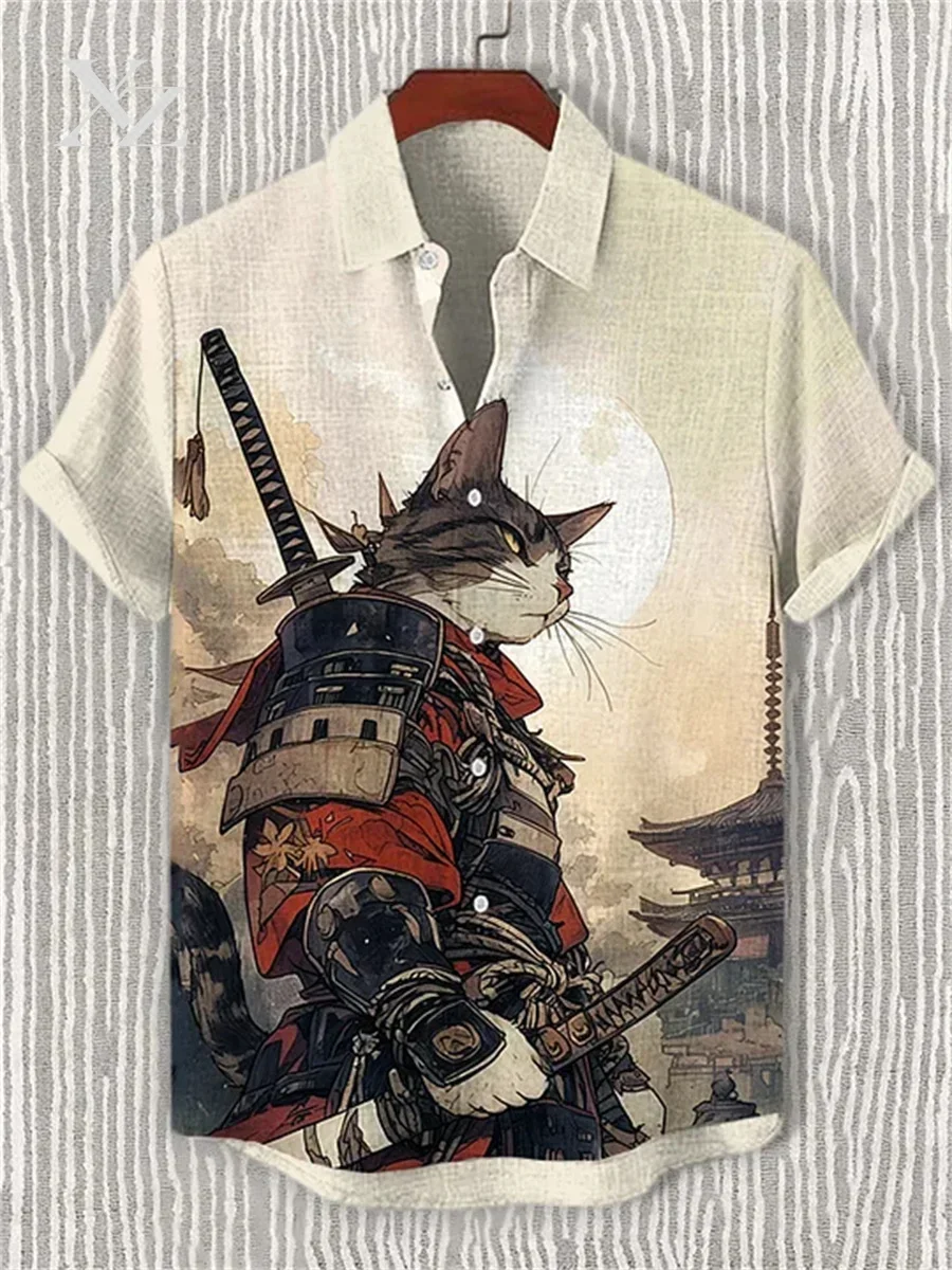 Men's collared short-sleeved Hawaiian shirt with cat print, loose-fitting casual trendy beach outdoor top