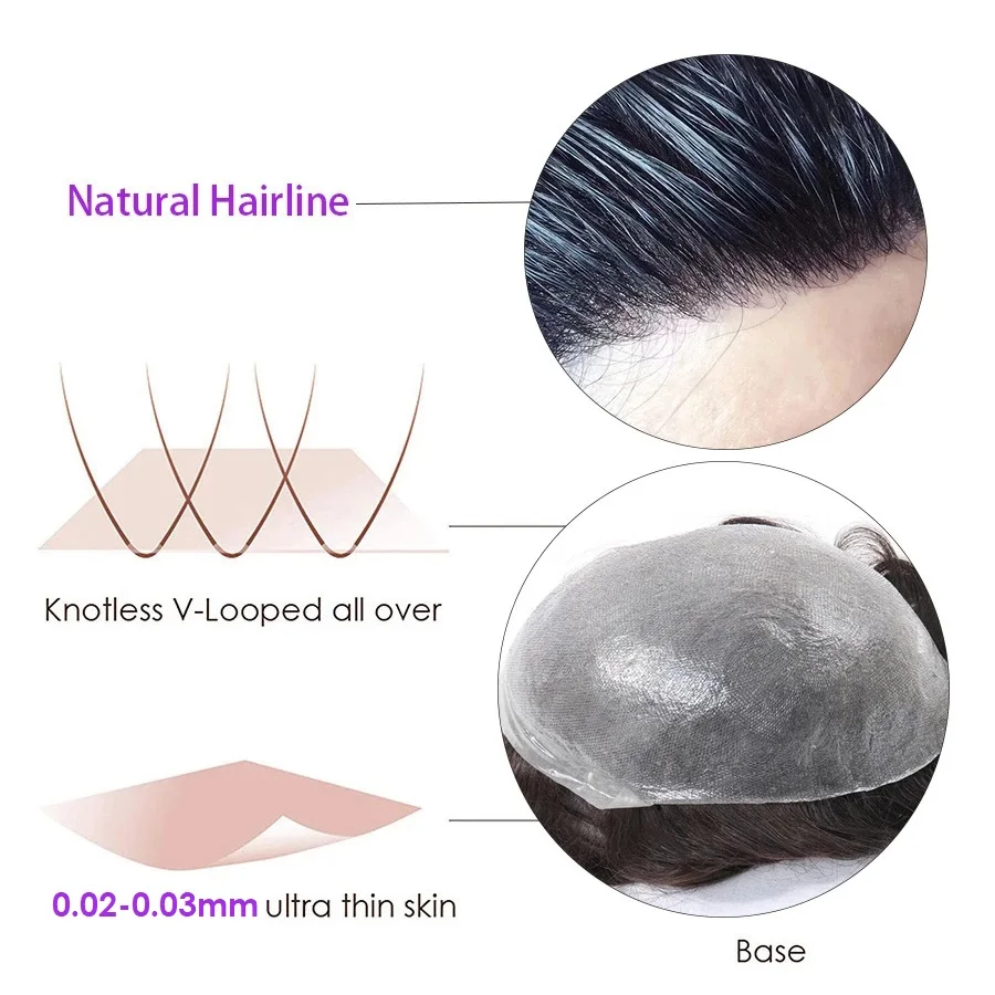 Ultra Thin Skin 0.02-0.04mm Indian Human Hair Natural Hairline V loop Hair System Unit Men's Capillary Prothesis Male Toupee Wig